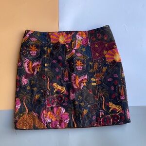 FARM Rio Black Mini Skirt with Pink & Orange Botanical and Animal Motifs